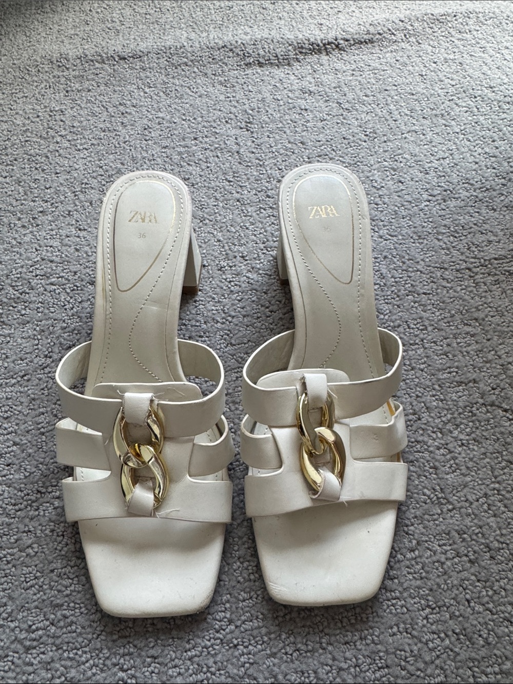 Zara White Heeled Mules with Gold Chain Accent